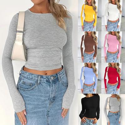 Camiseta Feminina de Manga Comprida Gola Redonda Slim-Fit Cor Sólida Estilo Europeu e Americano 2024