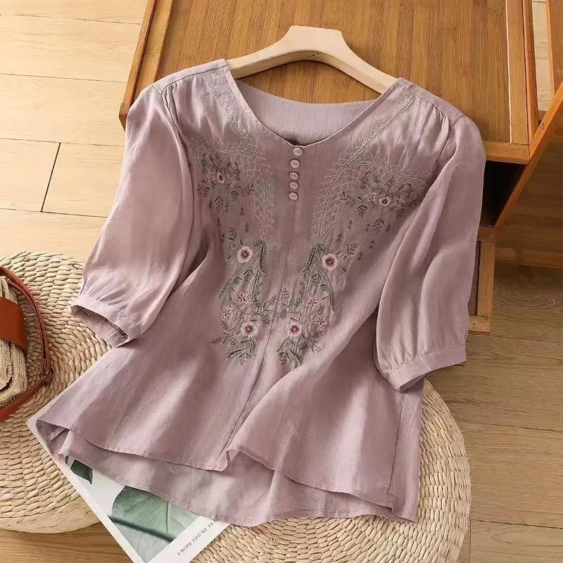 Women Floral Embroidery Linen Blend Blouse V Neck Three Quarter Sleeve Casual Loose Fit Top