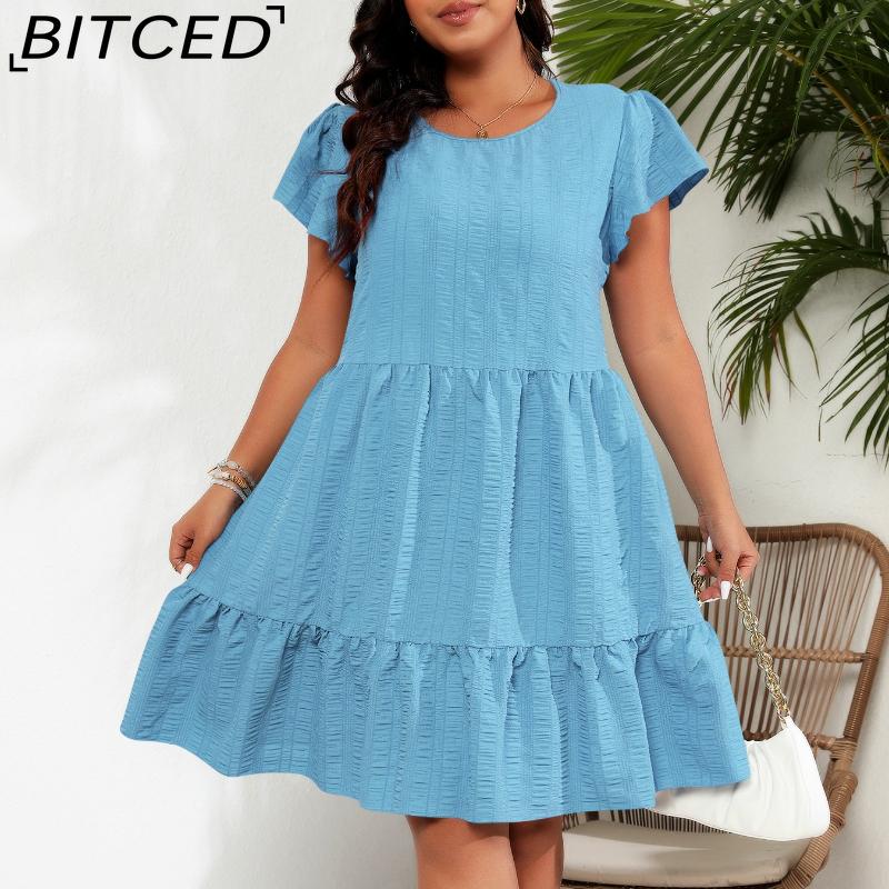 

BITCED Платье больших размеров с круглым вырезом, рукавами с оборками, приталенное, курортное, повседневное, элегантное XXXXL светло-синий