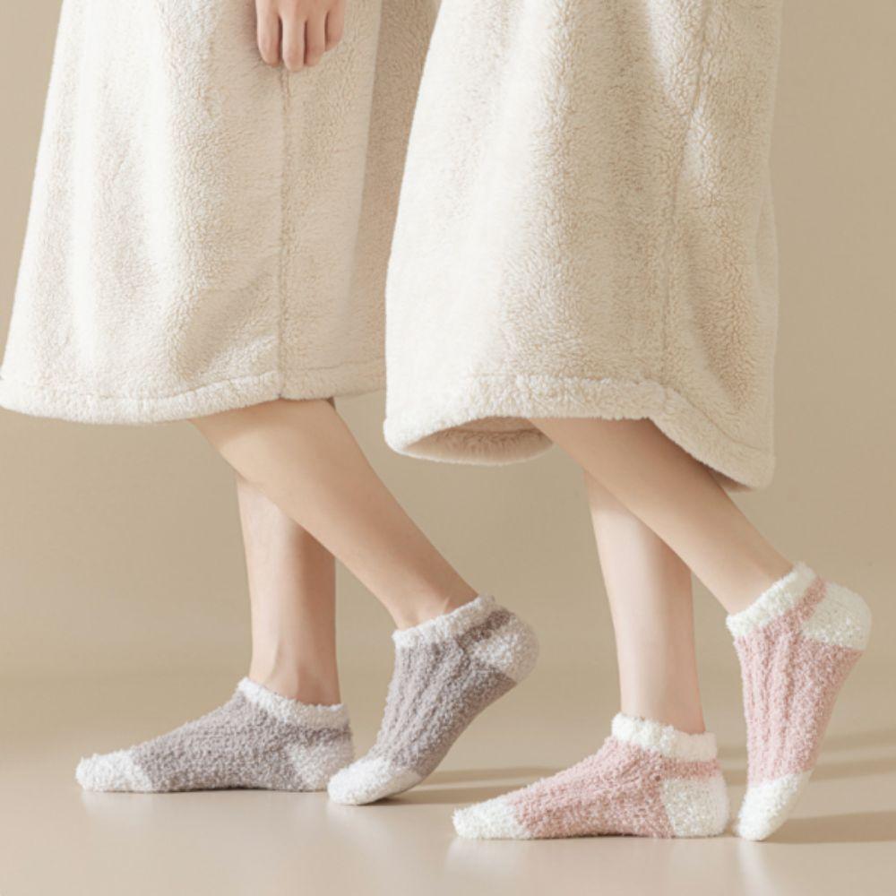 3Pairs Thickened Coral Fleece Socks Patchwork Warm Boat Socks Women Kawaii Floor Plush Socks  Winter