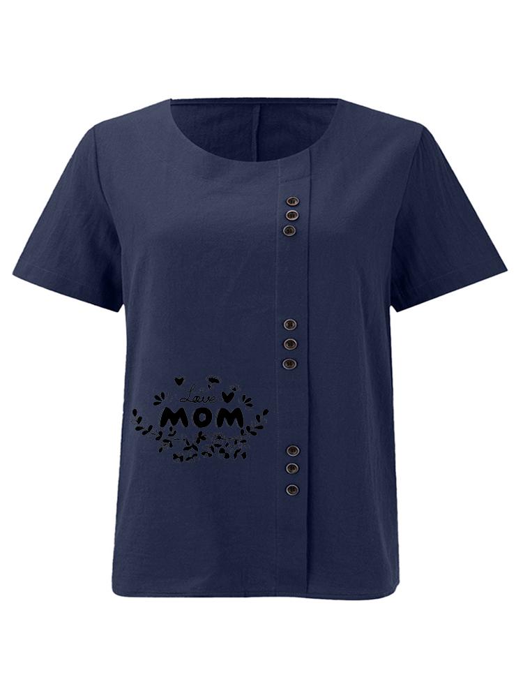 Women's Fashion Black Letter Floral Pattern Print Round Neck Short Sleeve T-shirt Summer Casual Cotton Linen Graphic Shirt Leisure Loose Blouse Tops