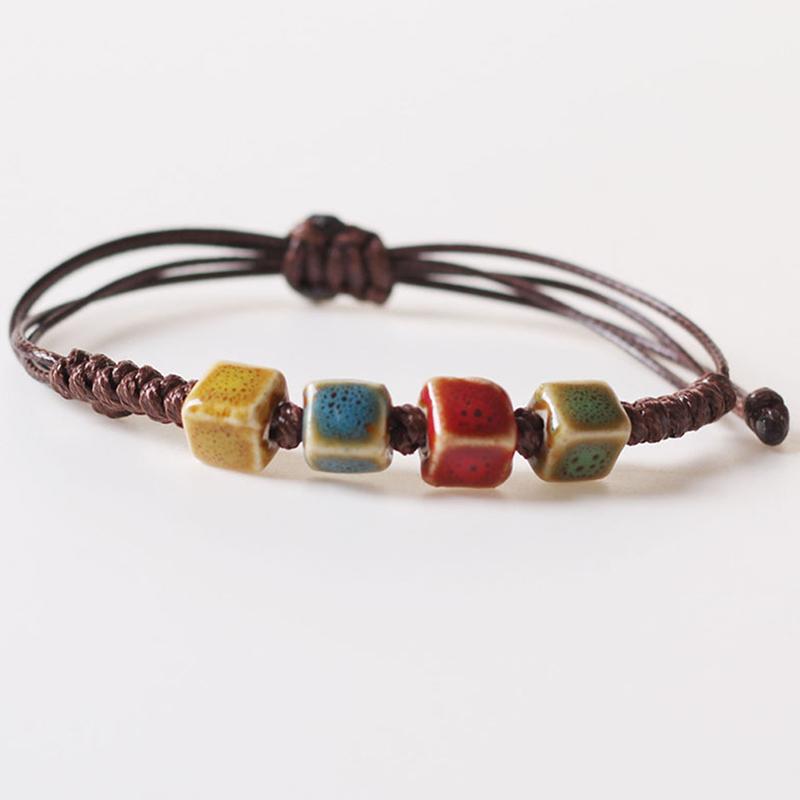 Ethnic Style Ceramic Beaded Dainty Bracelets Bangle Handmade Wax Rope Bracelets