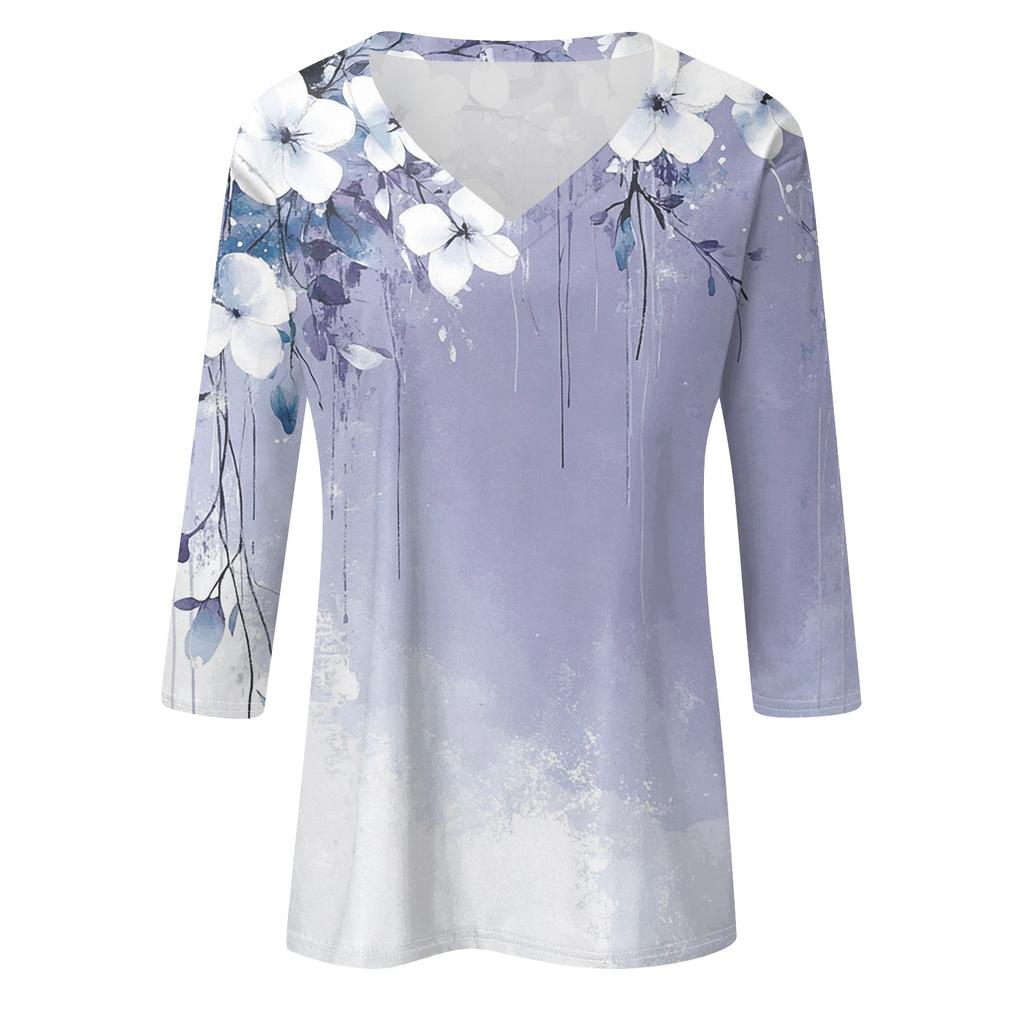 Women's T Shirt Tee Print 3/4 Sleeve Daily Weekend Fashion Basic V Neck  Regular Top