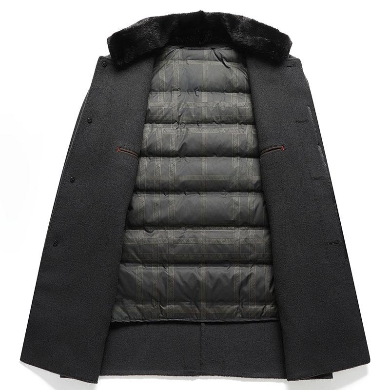 Norkový vlněný kabát se stojáčkem, Odnímatelná péřová podšívka, Oboustranný vlněný kabát, Pánský kašmírový kabát pro střední a starší věk