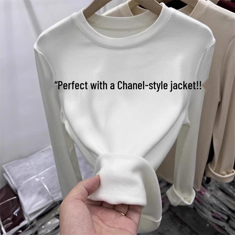 Women s Slim Fit Long Sleeve Plush Base Layer T-shirt - Korean Style Autumn/Winter Round Neck Medium белый