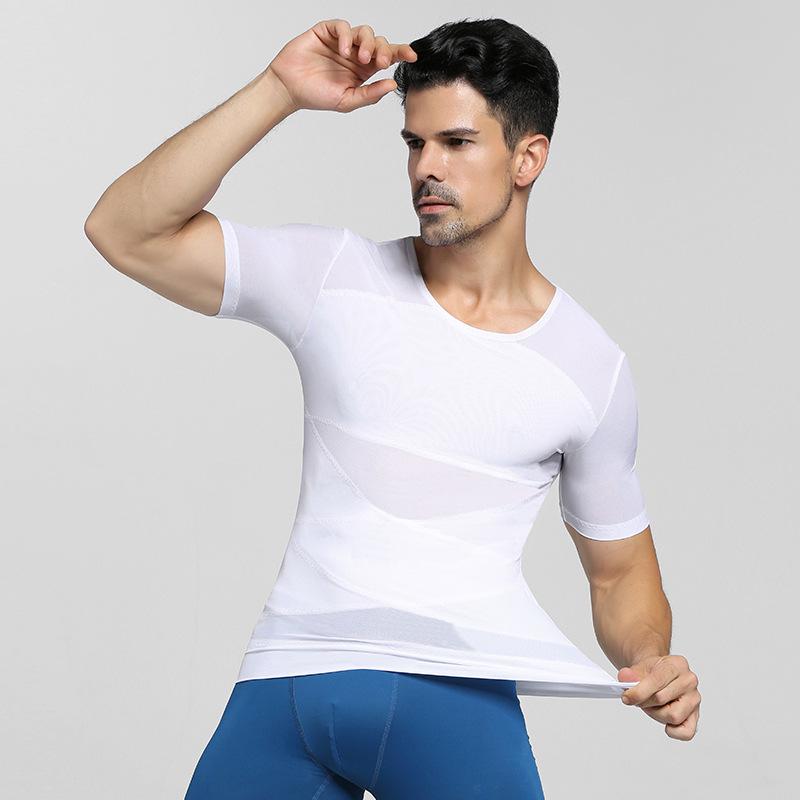 Men's Slimming Body Shaper: Tummy Control Waist Trainer, Invisible Chest Binder, Short Sleeve, Lightweight Summer.
