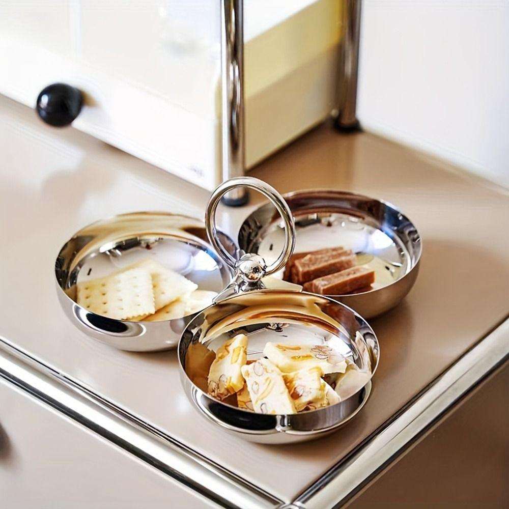 Stainless Steel 3-Compartment Snack Bowl Large Capacity Round Sauce Dish Dessert Plate  Office