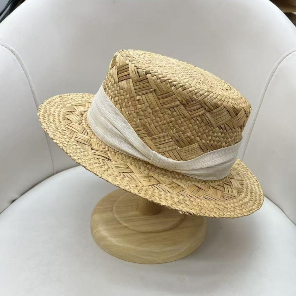 French lightweight and breathable straw, flat-top small edge silk hemp straw hat, children's summer travel sunscreen sunshade top hat