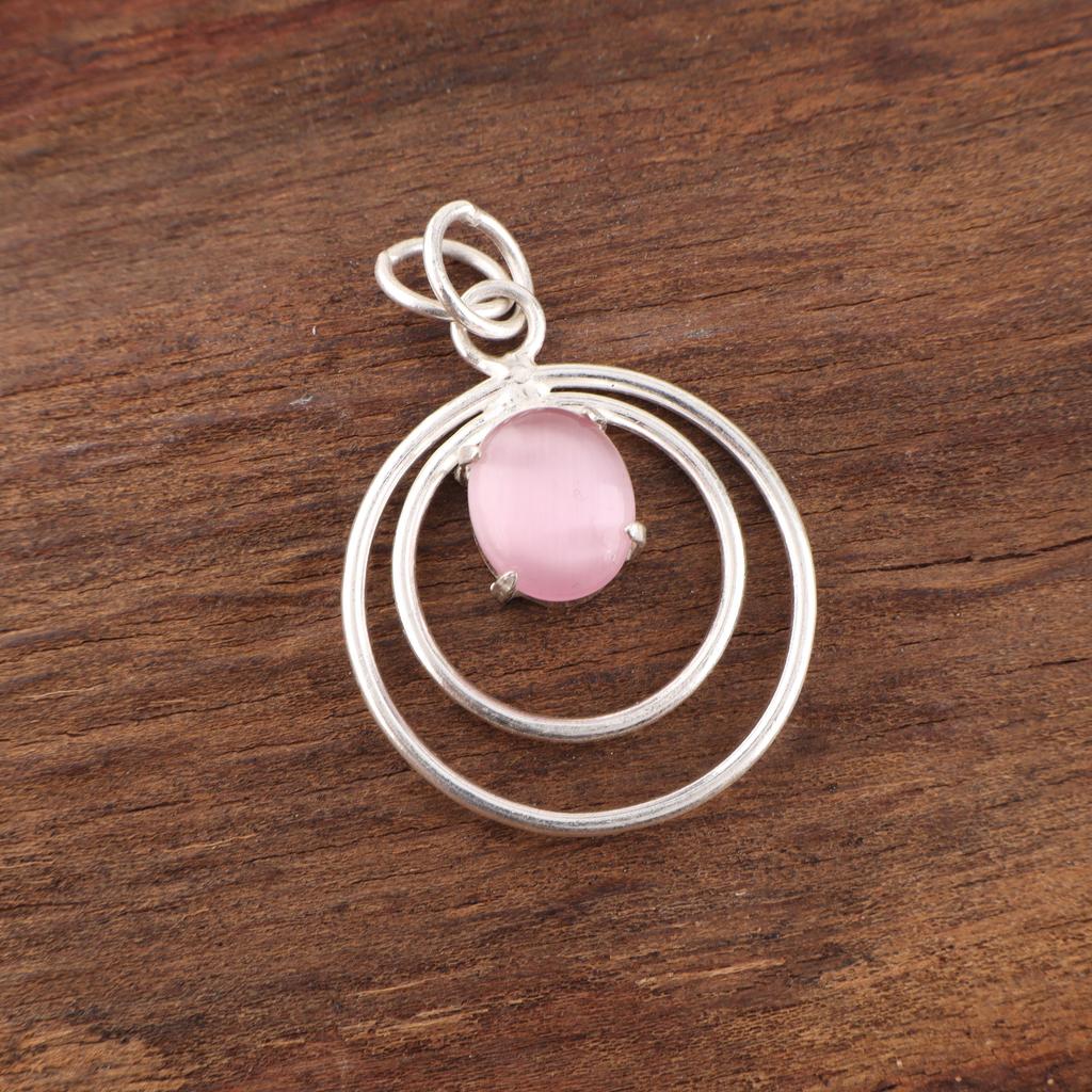 Pink Cat's Eye Pendant, 925 Sterling Silver Pendant Jewelry, Handmade Pendant Gemstone Jewelry For Memorial Day