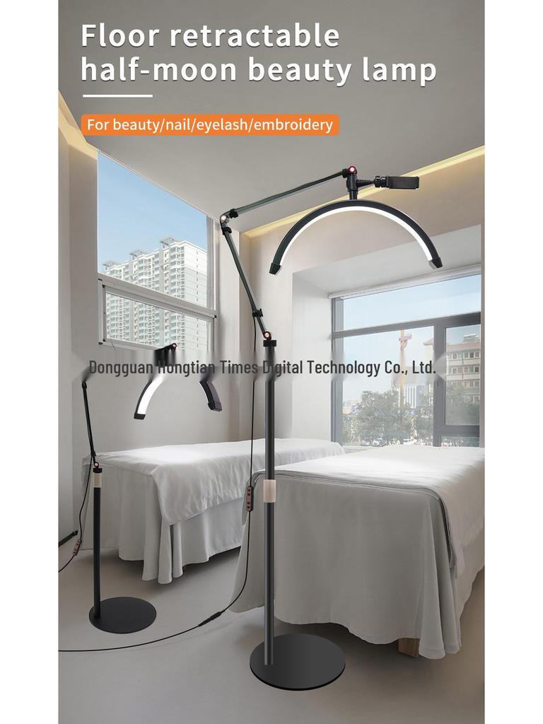 16" Beauty Light Floor Lamp: Half-Moon Nail & Eyelash Light with Remote Control & Retractable Arm for Eyebrow Microblading