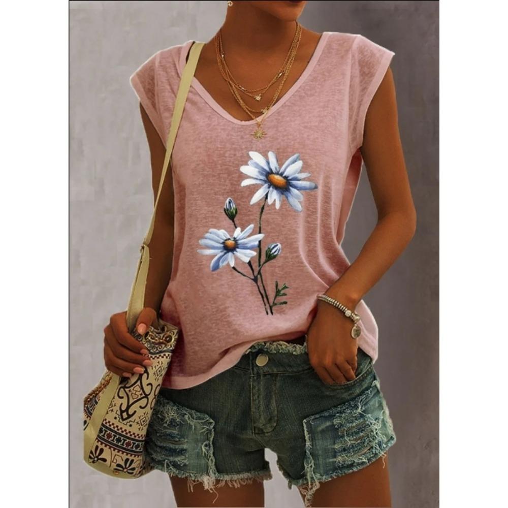 Summer Women 5 Color Ladies Fashion Floral Print Casual Tank Top Loose Sleeveless Tank Top V Neck Female T Shirt