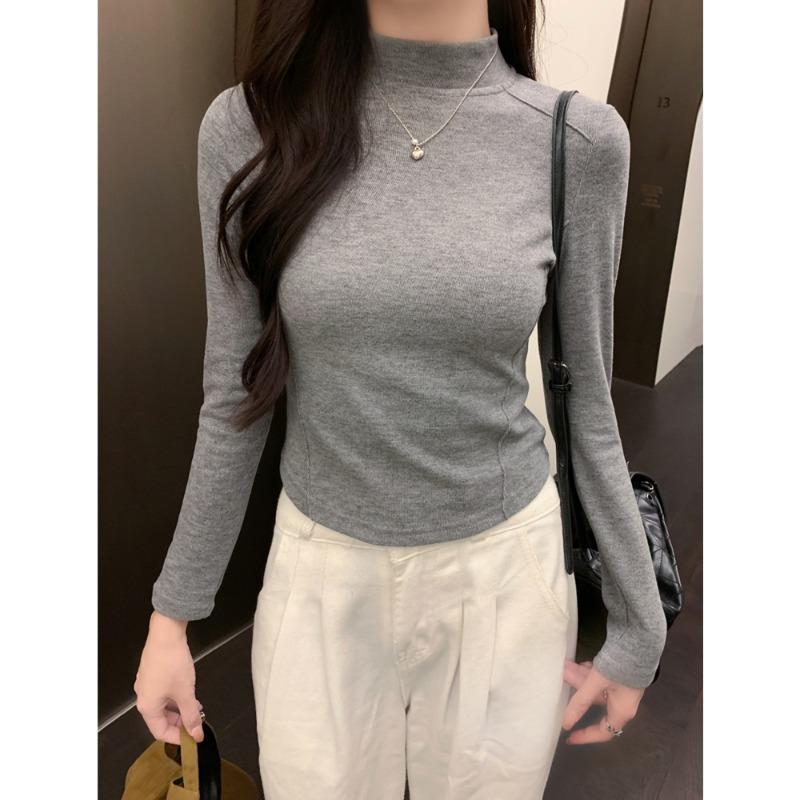 

Real shot solid color fish bone semi-turtleneck long-sleeved T-shirt women s autumn and winter fleece ground bottom slim-fitting short top XL темно-сірий