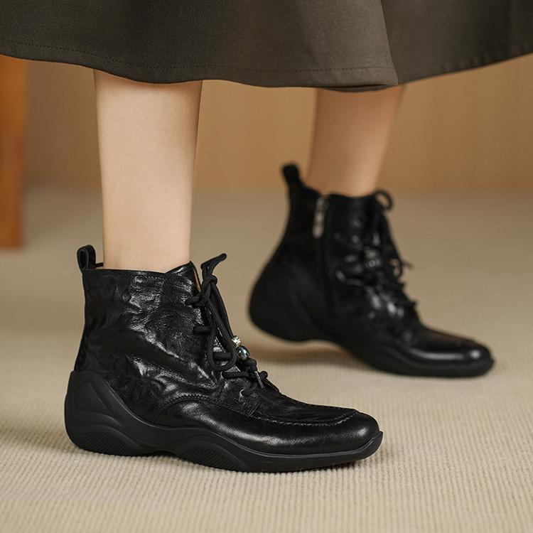 Leather Martin boots women's slope heel lace-up casual boots 2025 autumn and winter models square head side zipper hand grab versatile short boots