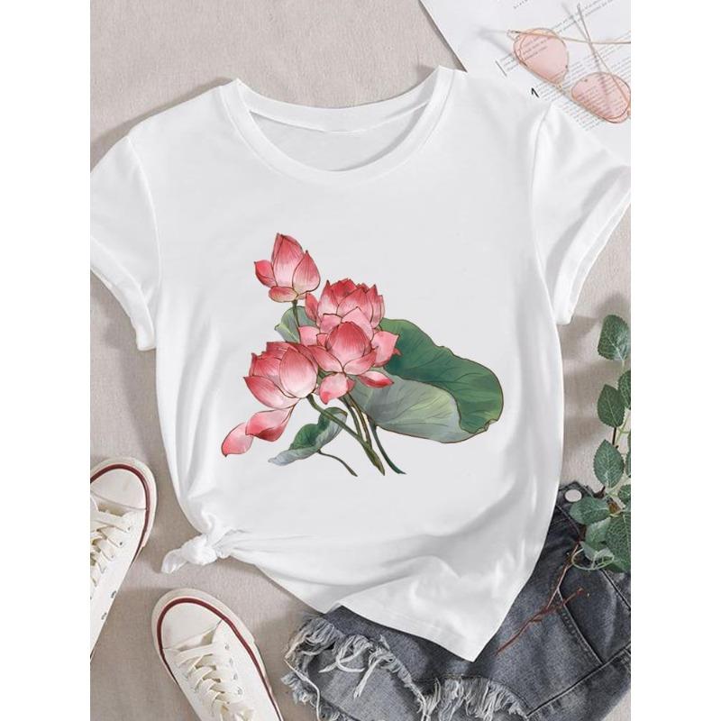 (European Size)  Lovely Women Short Sleeve Fashion Tee Trend Watercolor Style Top Clothing Print Lady Casual T-shirt Female Graphic T-shirts