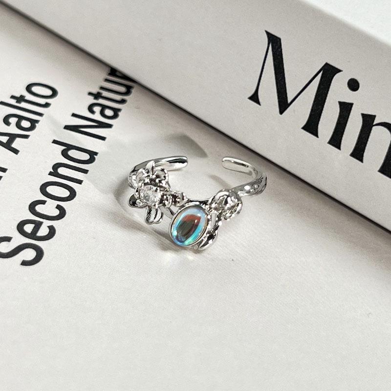 ins cold wind French cold blue diamond geometric micro-inlaid open ring women s light luxury simple moonstone ring