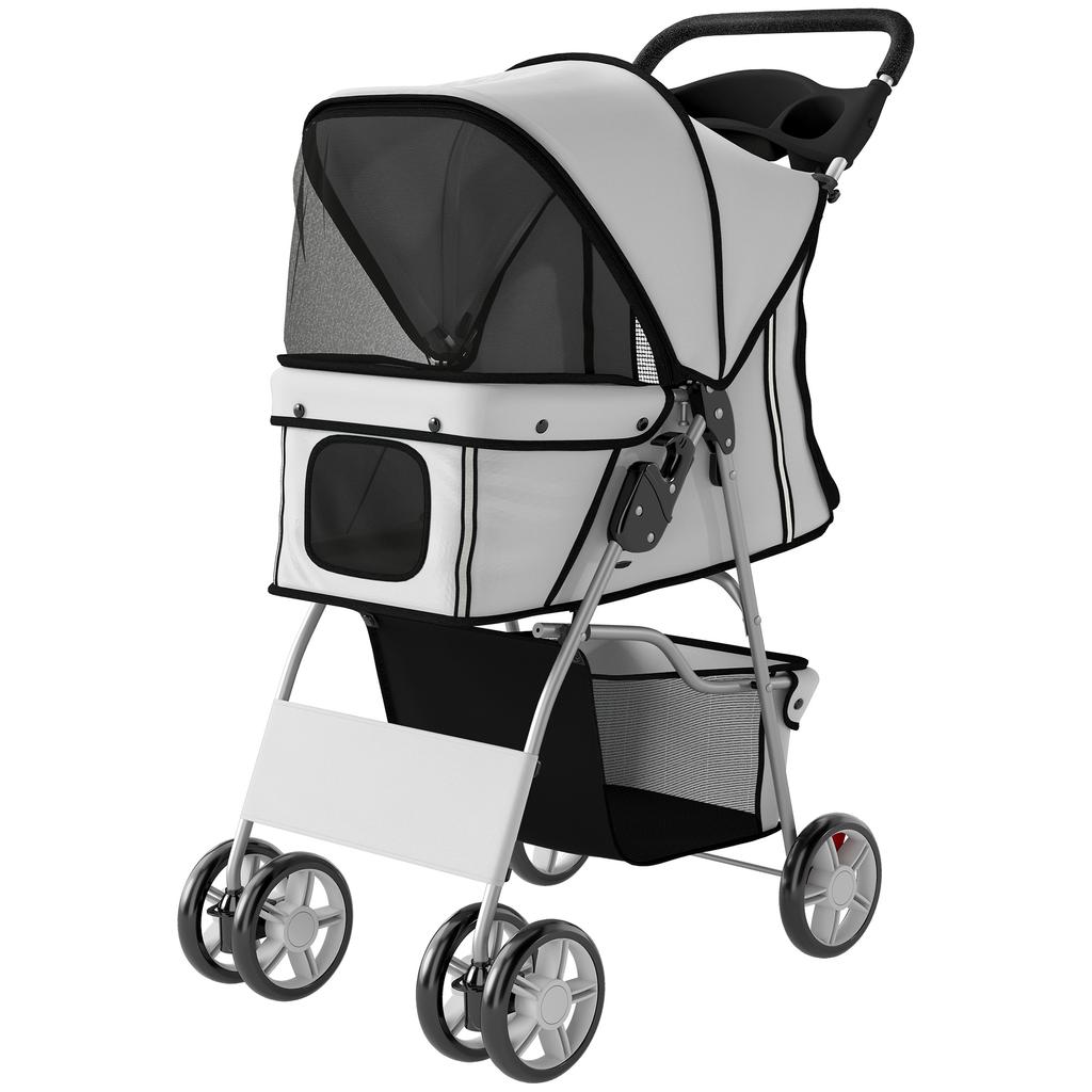 Folding Dog Stroller with Reflectors, Swivel Wheels, Brakes, and Washable Cushion, Grey