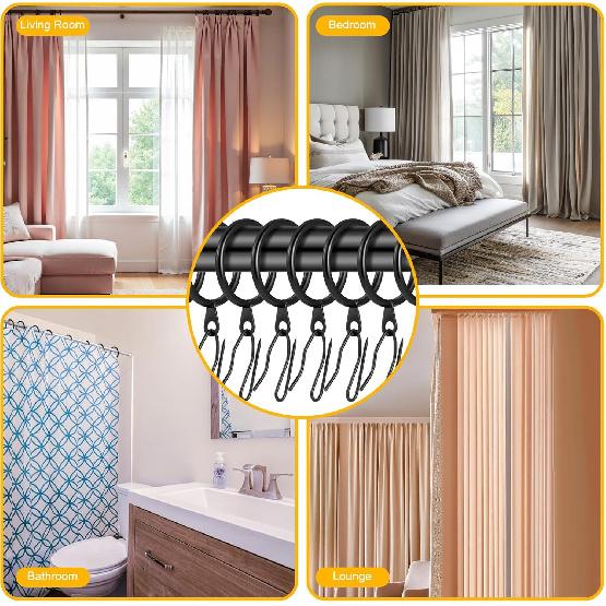 24 Pcs Metal Curtain Rings with 24 Pcs Pin Hooks,1.26in(32mm) Diameter Shower Curtain Rings for Home Window Shower
