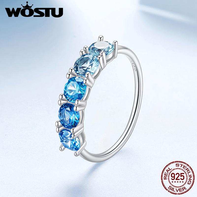 WOSTU 925 Sterling Silver Classical Round Ocean Blue CZ Sapphire Ring For Women Engagement Party Wedding Holiday Jewelry Gift