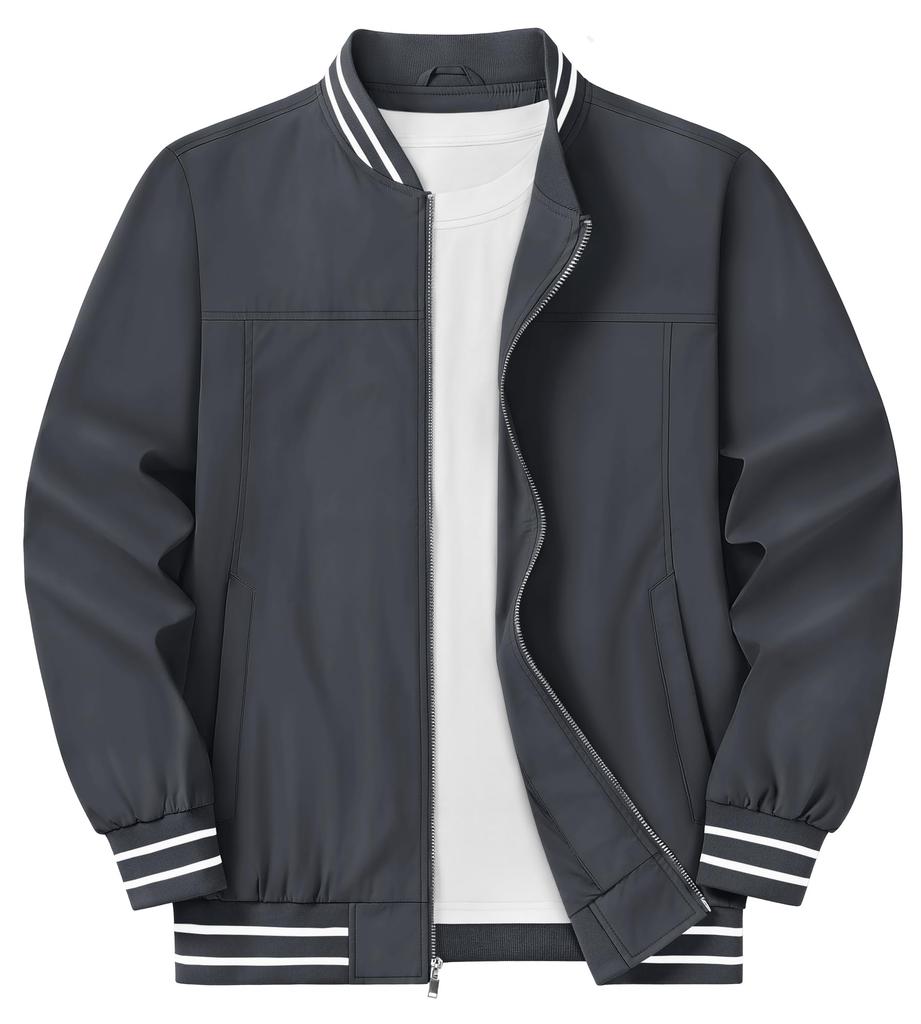 KEFITEVD Baseball Solid Lightweight Bomber Large Swing Size L Men's Jacket, Color, Jacket, Size, Windproof, Top, Workwear, Sukajan, Zip-Up, Gray,