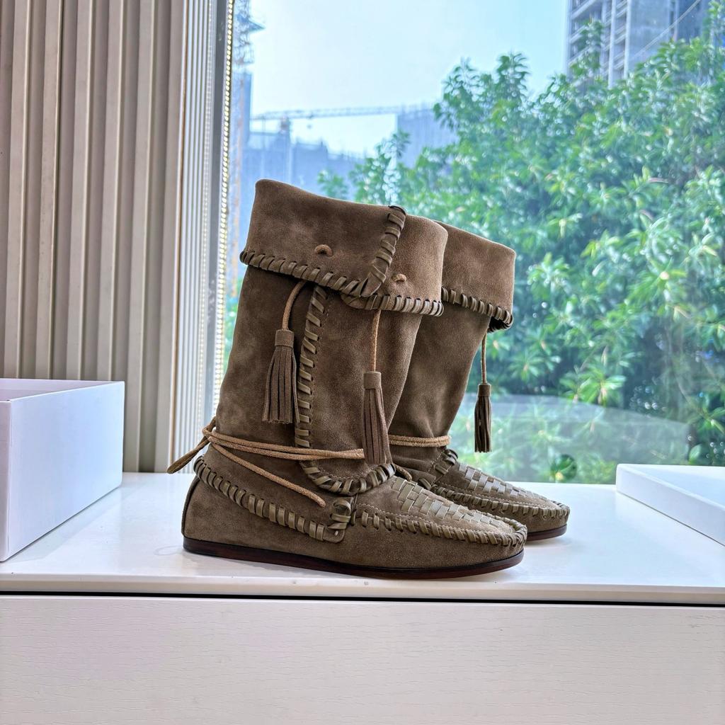 2025 Autumn New Strap Fringed Boots Women's Retro Woven Flat-bottomed Comfortable Medium Boots Fashionable Western Stacking Boots