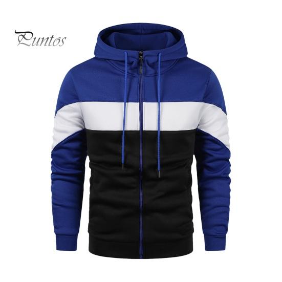 

Осень-весна Мужская толстовка с капюшоном на шнурке с цветными блоками, застежка-молния, эластичные манжеты, свободный кардиган с капюшоном, длинные рукава, спортивная повседневная куртка S синий