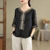 Summer Retro Blouse Linen Women's T-shirt Loose Pullover Tee O-Neck Thin Shirt Three-quarter Sleeves