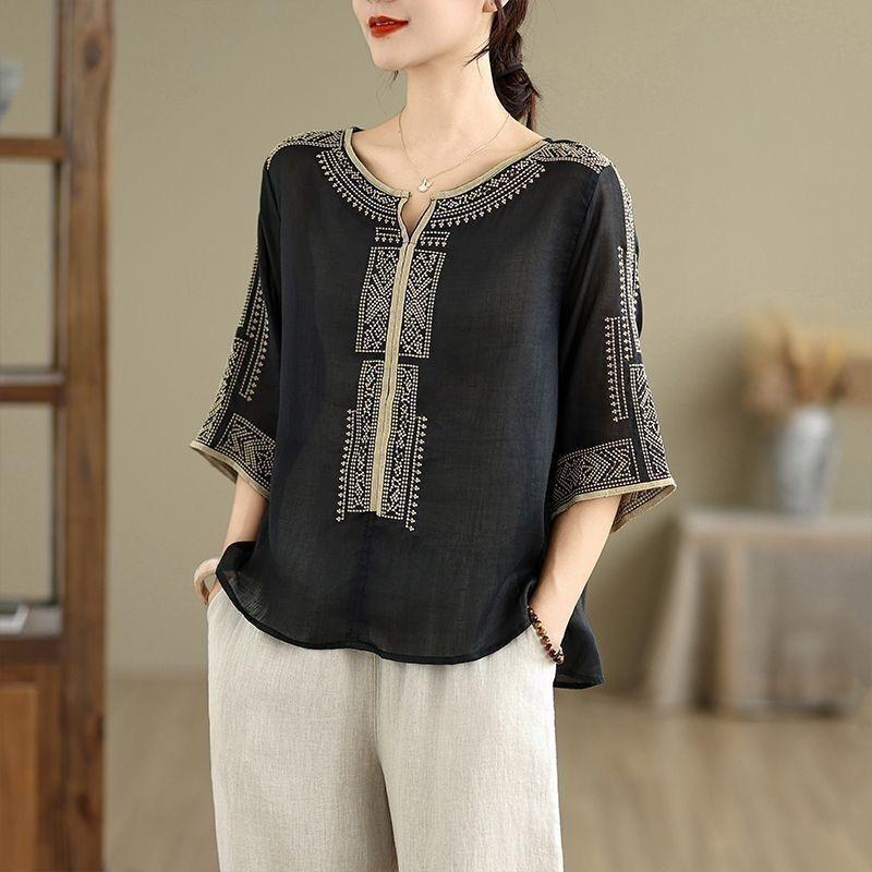 Summer Retro Blouse Linen Women's T-shirt Loose Pullover Tee O-Neck Thin Shirt Three-quarter Sleeves