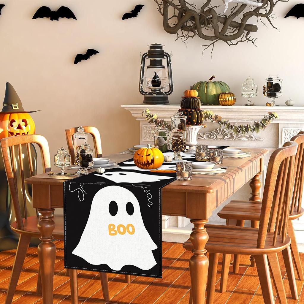 1pc White Black Halloween Table Runner with Ghost Spooky Dustproof Durable Tablecloth for Halloween Theme Party Decoration