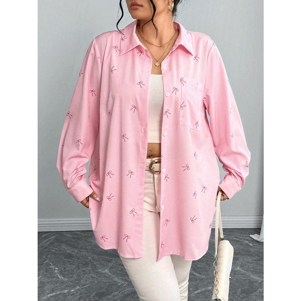 New Large-sized Women's Shirt Jacket Autumn Loose Bow Print Long-sleeved Casual Shirt