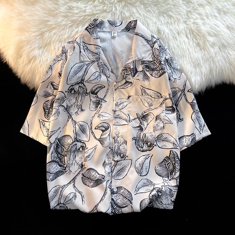Unisex Vintage Kubakrage Blomsterskjorte - Løs passform, Hong Kong-stil, Kort erm, Perfekt for strand og par