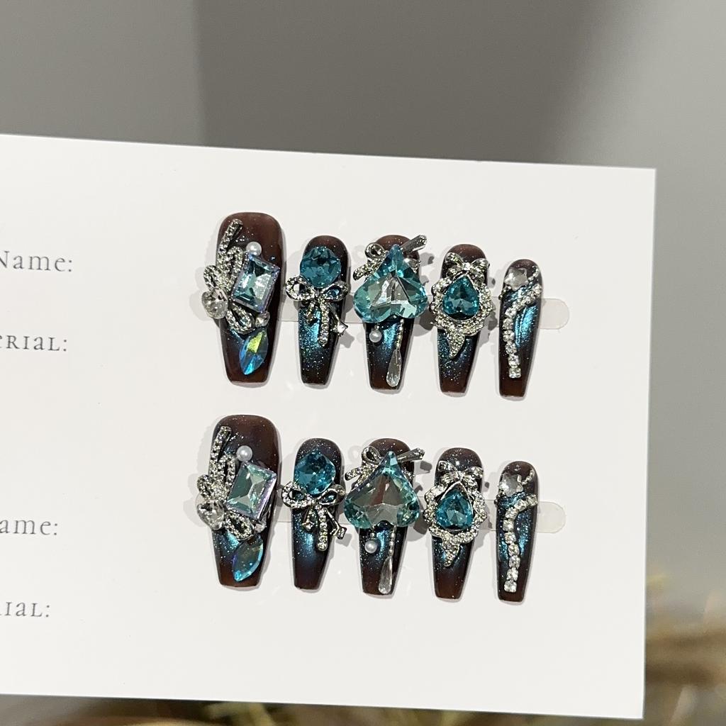 Medium Coffin Press on Nails Square Fake Nails French Tip Glue on Nail with 3D Designs Reusable False Acrylic Nails Full Cover Stick on Nail for Women