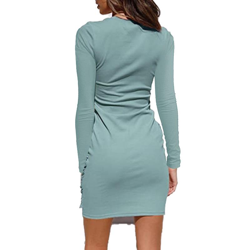 GMXIA Women's Fashion Autumn Winter Solid Color Print Long Sleeve O-Neck High Waist Casual Dresses