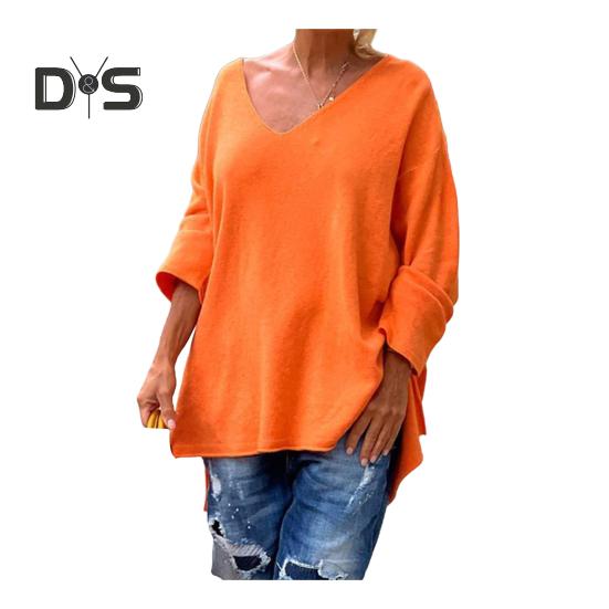 

Женский вязаный свитер с V-образным вырезом, длинным рукавом, однотонный пуловер, свитер с боковыми разрезами, свободный крой, повседневный уличный стиль, свитер XL