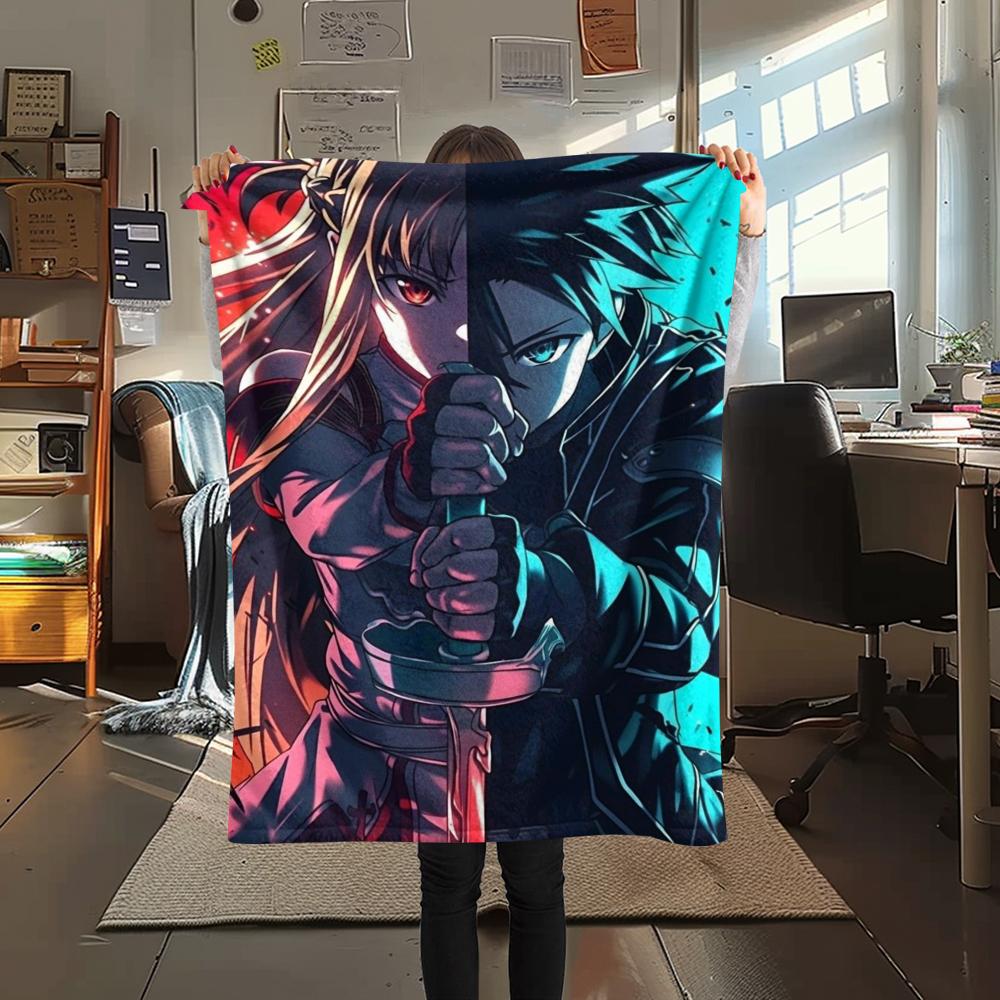 1PC Sword Art Online Print Flannel Blanket, High quality Comfortable for All Seasons, Home Decor, Warmth and Comfort, Perfect for Christmas Gifts