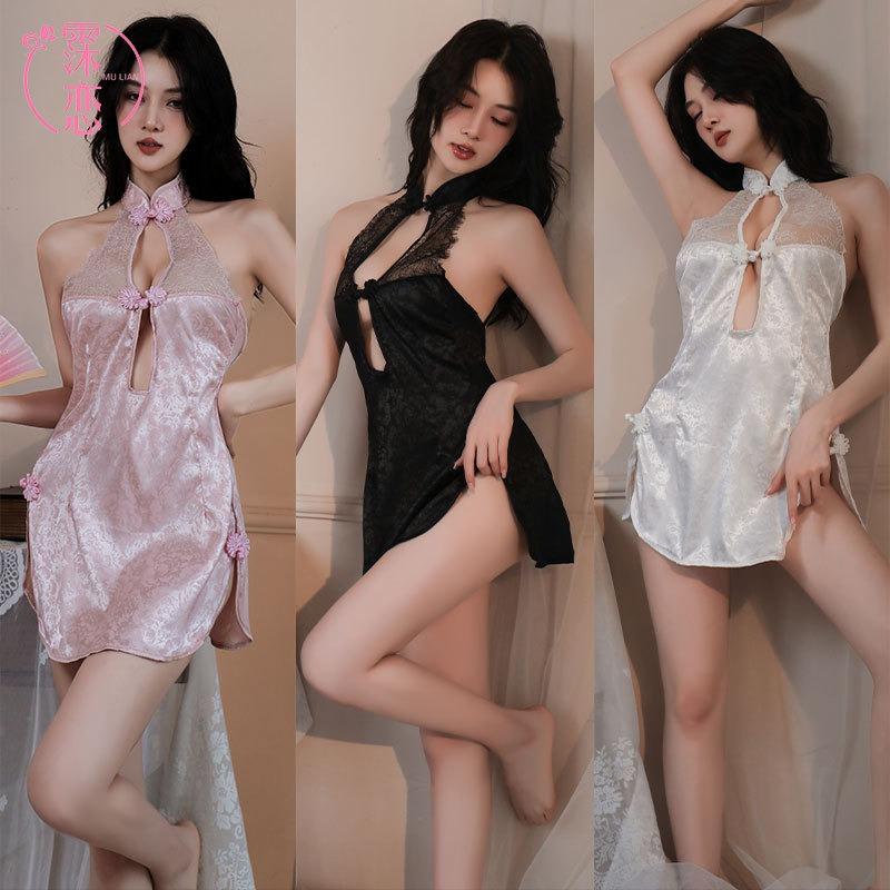 Sexy Retro Cheongsam Free Sex Underwear Women's Side Split Mesh Transparent Lace Large Size Uniform Temptation