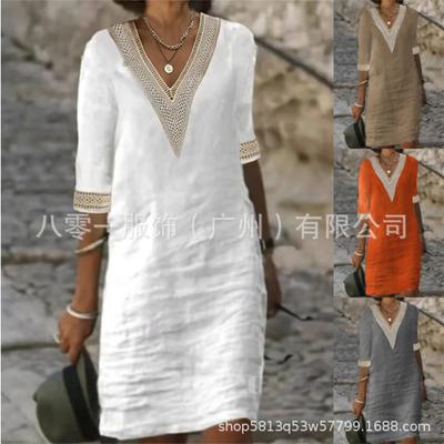 Women V Neck Lace Trim Tunic Dress Half Sleeve Loose Linen Cotton Mini Dress Casual Summer Shift Dress S-3XL