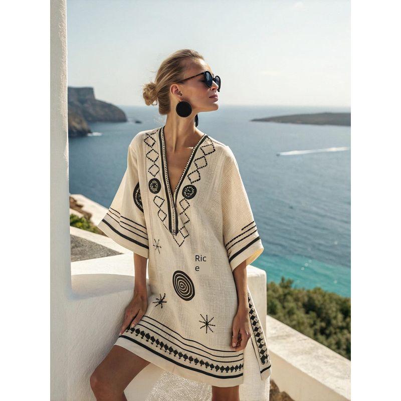 New Amazon Women's Clothing Super Fairy V-Neck Dress Seaside Vacation Beach Dress Printed Loose Mid-Length Dress
