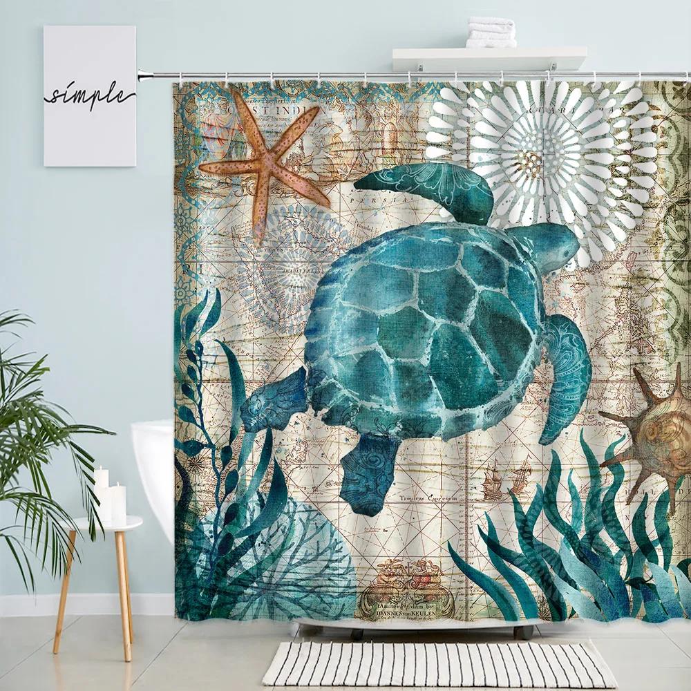 Sea Turtle Seahorse Octopus Shower Curtains Ocean Animals Tentacles Vintage Map Print Fabric Bathroom Curtain Home Decor Hooks