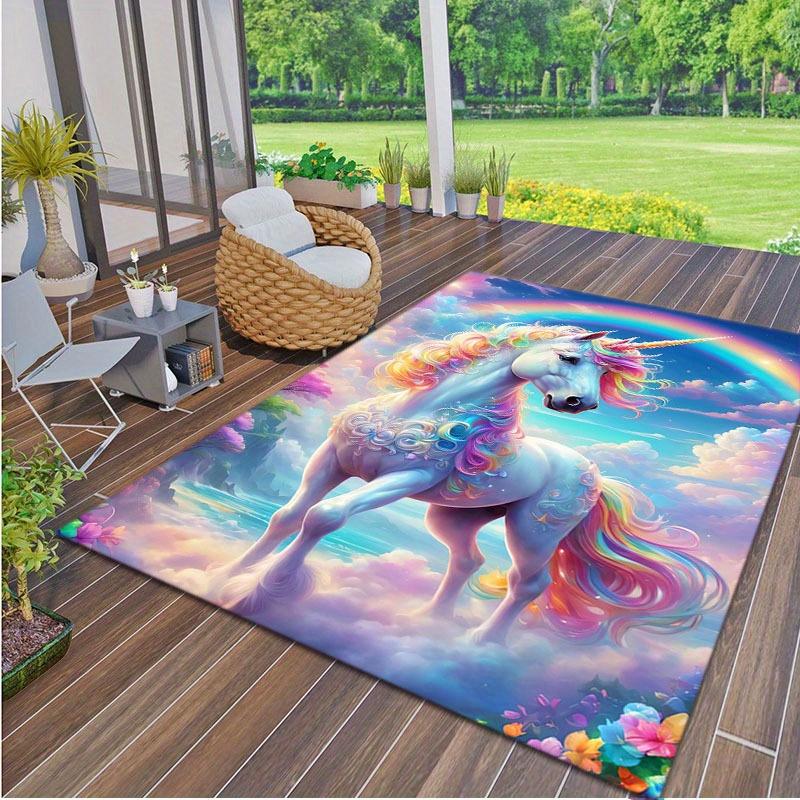 Vibrant Rainbow Unicorn Area Mat - 800g/m² Crystal Velvet, Non-Slip, Washable Floor Mat for Living Room, Bedroom, Yoga, Bathroom