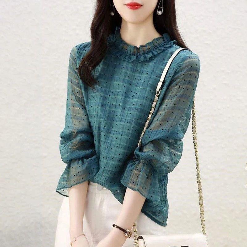 

Рубашка из шифона Spring Fungus Edge с расклешенными рукавами и принтом в горошек, женская рубашка свободного кроя 4XL