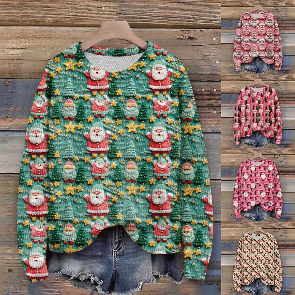 Damen Weihnachtspullover Niedlicher Lustiger Weihnachtspullover Herbst und Winter Langarm Strickpullover