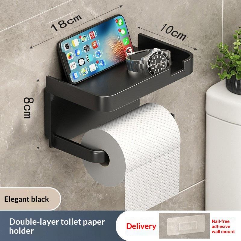 Toilet Paper Holder with Phone Shelf Adhesive No Punch Wall Mounted Tissue Rack for Hotel Bathroom Home Use