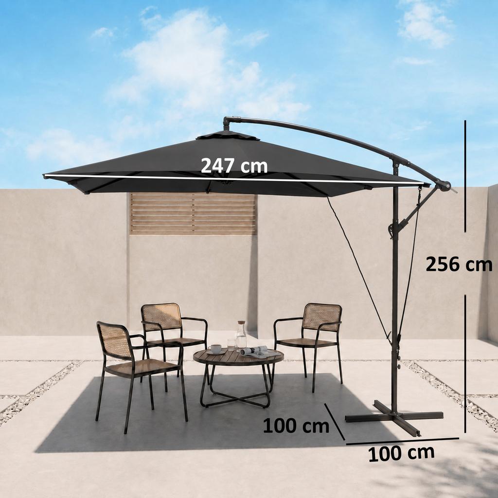 Cantilever Parasol, Adjustable Canopy, 8 Ribs, Crank, 2.5 x 2.5 m, Dark Grey