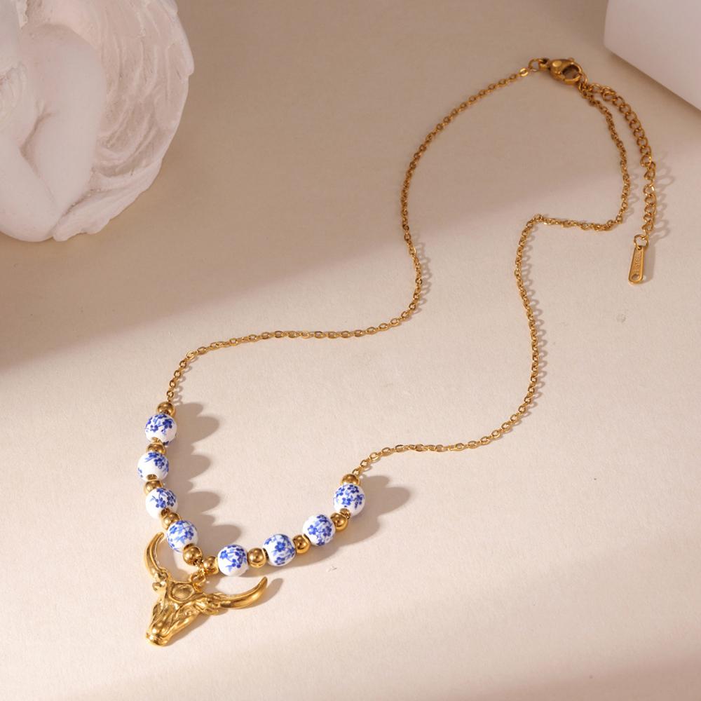 

Fashion Blue Flower Ceramic Pendant Necklace for Women Waterproof Tulip Sunflower Stainless Steel Chain Necklace Party for Women