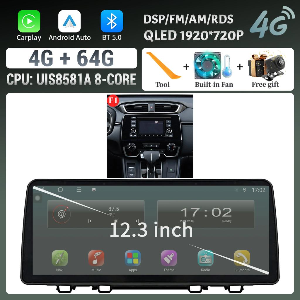 12.3" Car Radio Multimedia For HONDA CRV 2017-2022 Android Multimedia Wireless Androd Carplay Navigation 4G GPS Head Unit Screen