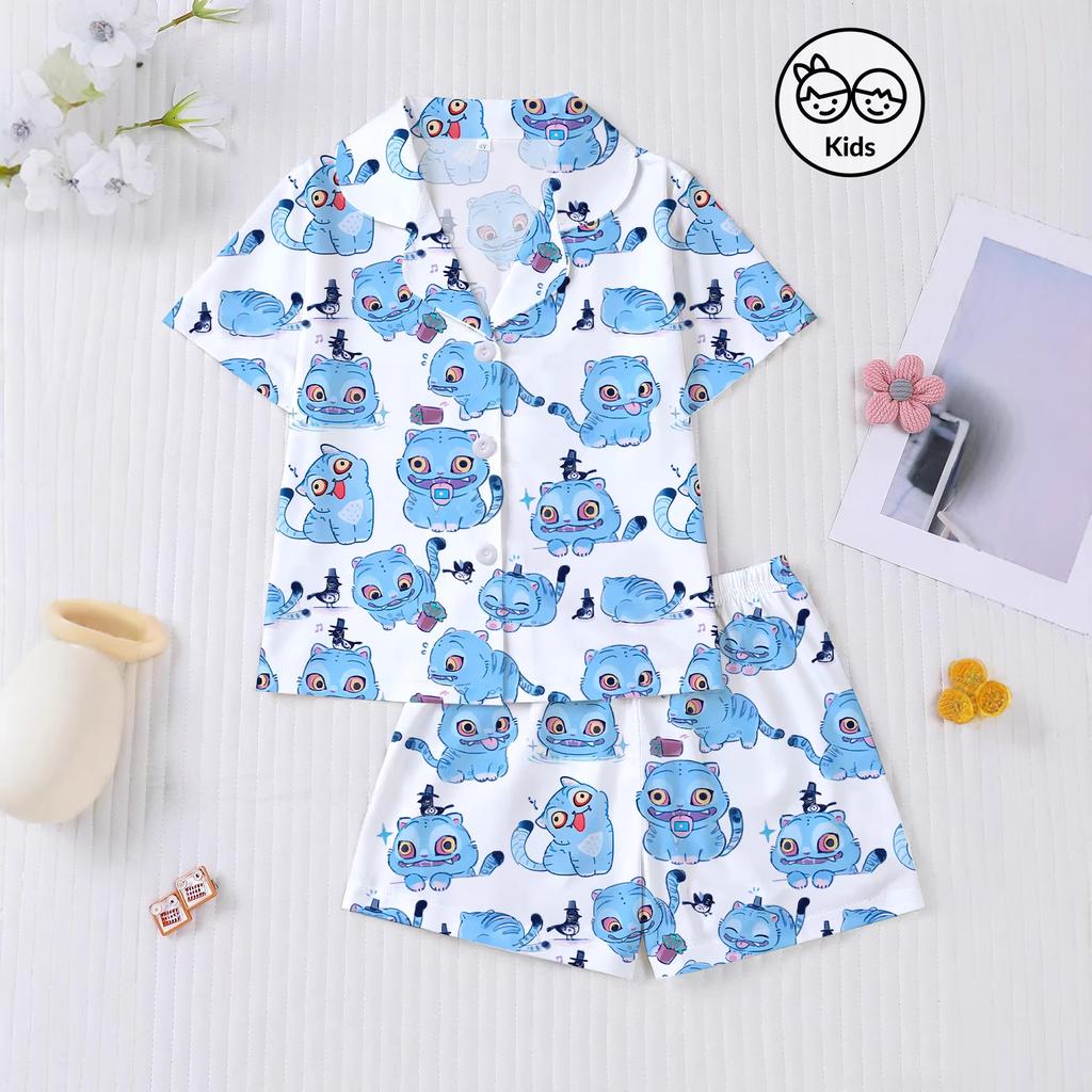 New Four Seasons Middle Children's Girls Pajamas Set Short Sleeve Shorts Cardigan Printed Kids Pajamas
