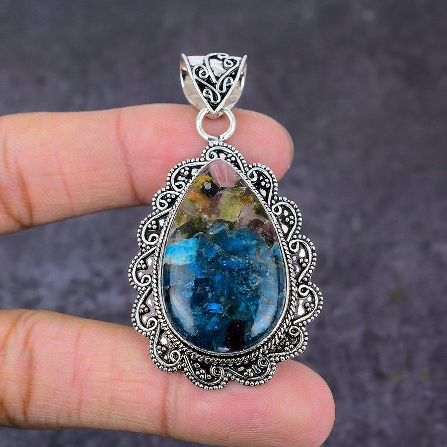 Natural Watermelon Tourmaline Gemstone 925 Sterling Silver Pendant 2.48" Y8f38