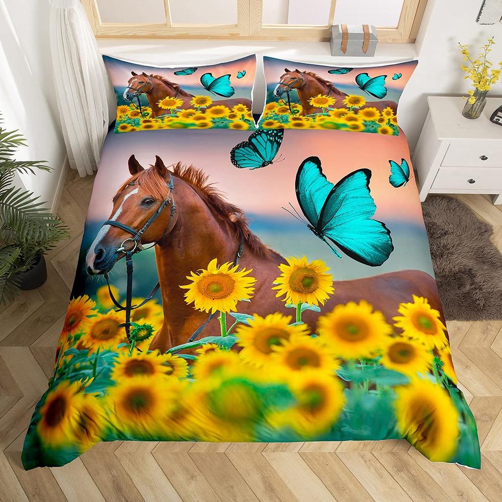 Comforter Horse Queen Size Wild Animals Bedding Set For Kids Girls Teens Dreamy Natural Flowers Plants Decor Comforter