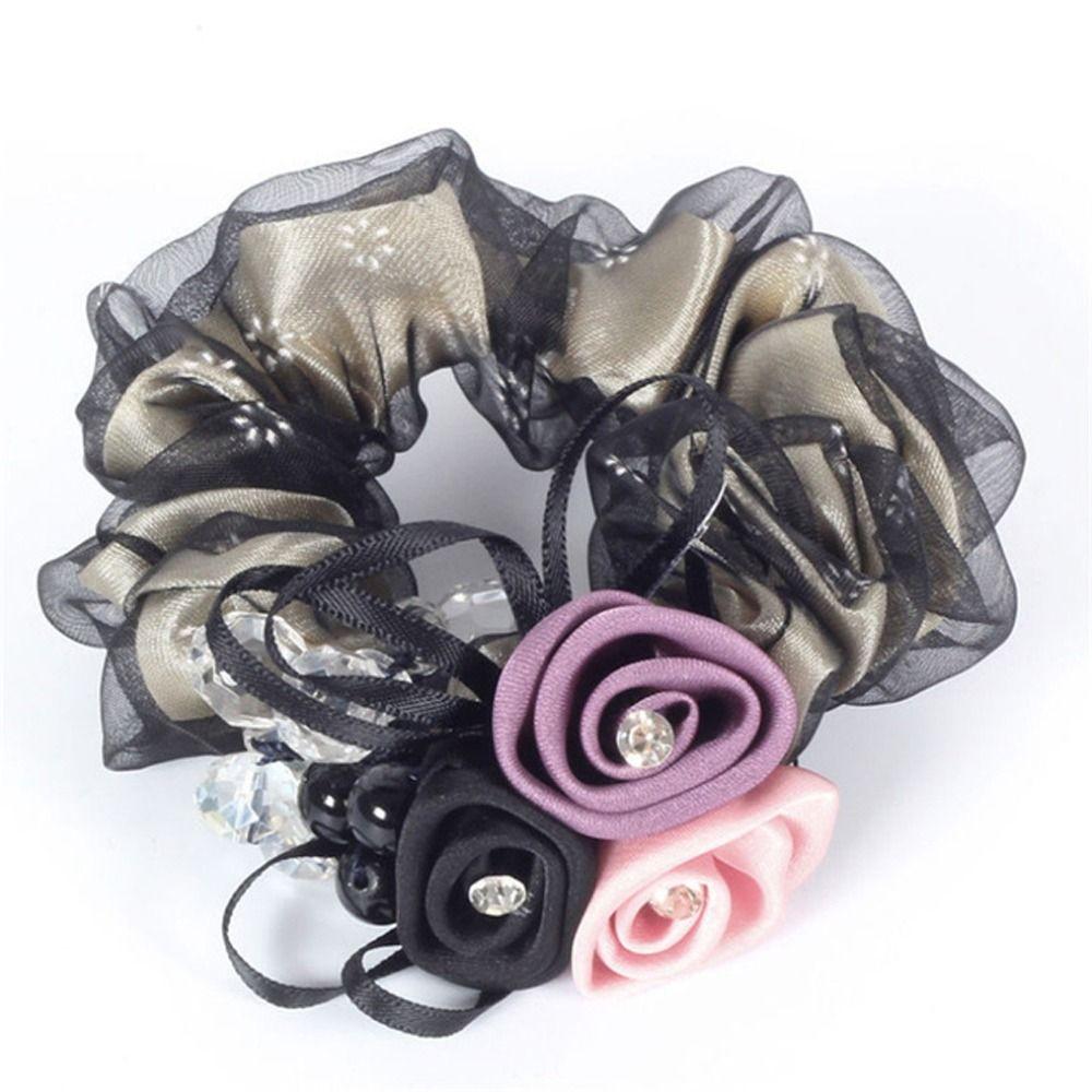 Headwear Beaded Hair Bands Flower Mesh Scrunchies Women Hair Ties Hair Rubber Bands Double Layer