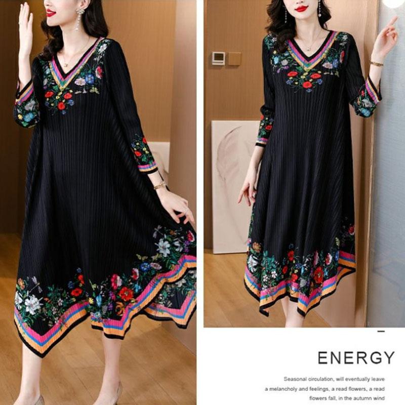 Women's Plus Size Dress Vintage Print Dress Ethnic Style Spring Summer A-line Pleated Stretch Maxi Dress